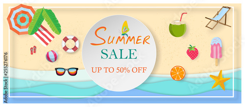Summer sale banner with 50% off discount text and summer elements in colorful backgrounds for web shopping promotions. Vector illustration. 