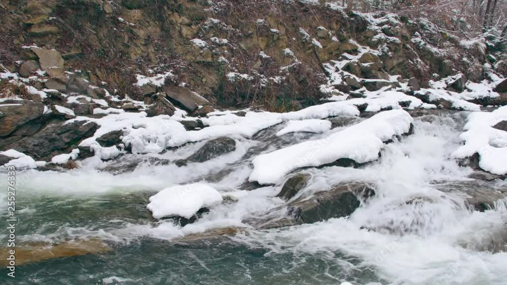 White water river in winter. World covered in snow. White water river in winter. World covered in snow.