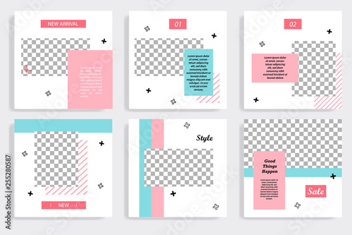 Set of editable social media post template in white  red  pink  turquoise blue background. Using Memphis triangle square pattern