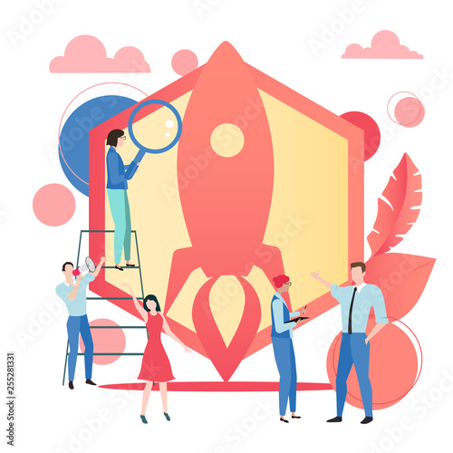 New business start up. Template with rocket and people.