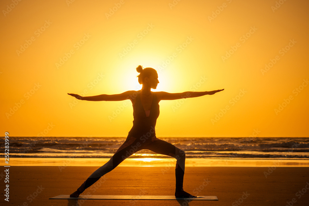 Silhouette of young woman in a stylish suit for yogi jumpsuit doing yoga on the beach in pose copy space Silhouette of young woman in a stylish suit for yogi jumpsuit doing yoga on the beach in pose copy space