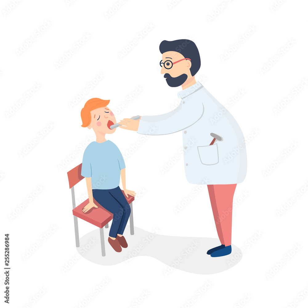 Sick boy sitting on a chair at the doctor's office. The doctor, a man in a medical gown and glasses, looks at the patient's sore throat. Vector flat illustration.