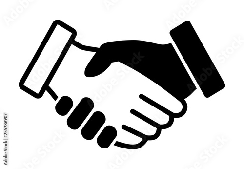 Black and white handshake or shaking hands in unity flat vector icon for apps and websites