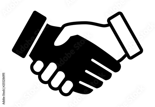 Black and white handshake or shaking hands in unity flat vector icon for apps and websites
