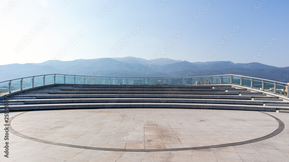 outdoor viewpoint at sky roof of building with beautiful mountain scenery