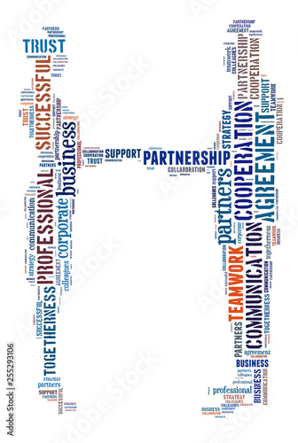 Words illustration concept of an business partners handshaking over white background