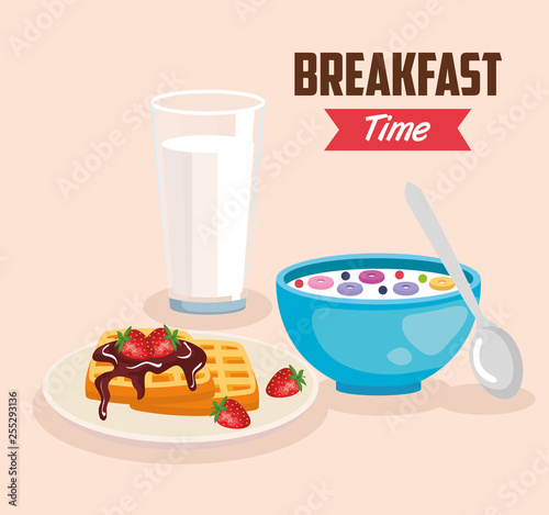 delicious cereal with waffles and milk glass