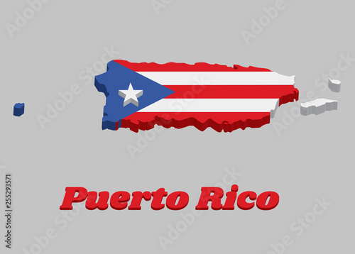 3d Map outline of Puerto Rico, horizontal white and red bands with isosceles triangle based on the hoist side and white star.