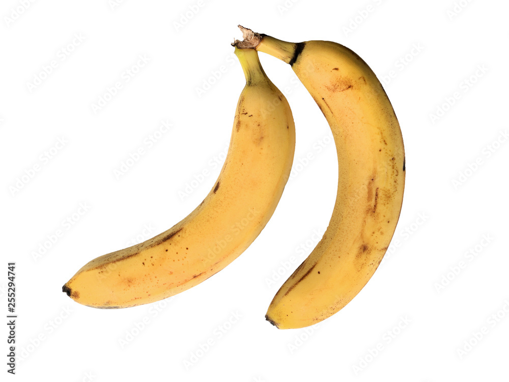 Two yellow ripe banana isolated on white background close up