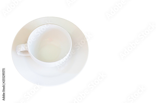 Top view of the glass and white ceramic plate on a white background with clipping path.