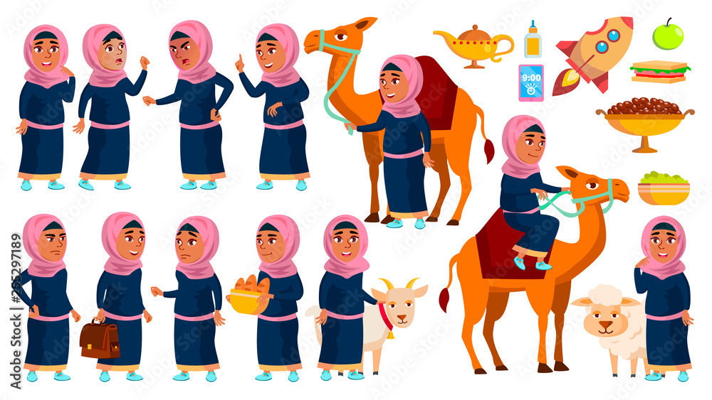 Arab, Muslim Girl School, Girl Kid Poses Set Vector. Primary School Child. Study. Knowledge, Learn, Lesson. Camel, Sheep, Goat. For Traditional Clothes. Isolated Cartoon Illustration