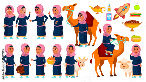Arab, Muslim Girl School, Girl Kid Poses Set Vector. Primary School Child. Study. Knowledge, Learn, Lesson. Camel, Sheep, Goat. For Traditional Clothes. Isolated Cartoon Illustration