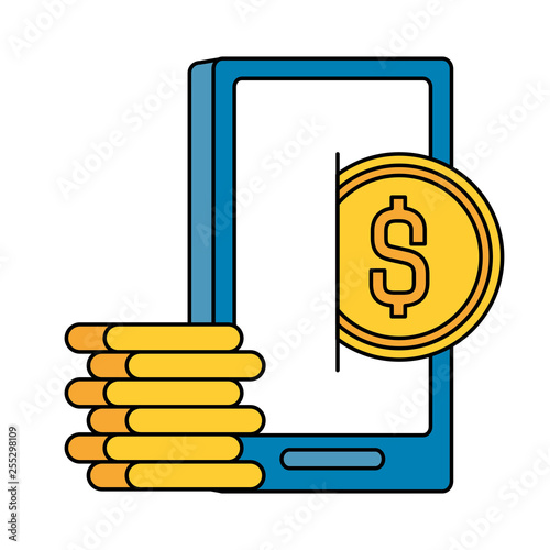 woman using smarphone with coins dollars