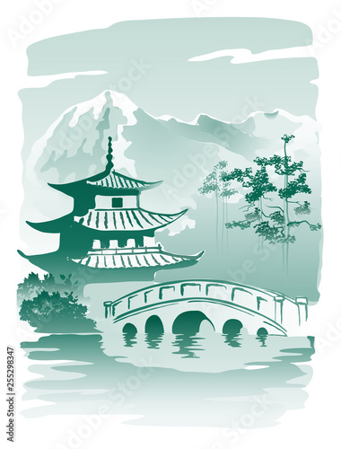 The bridge leading to the Pagoda. Imitation of traditional Chinese painting. Illustration, vector.