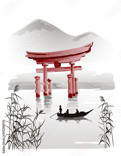 Floating Torii Gate vector drawing in traditional Japanese style sumi-e. Illustration.