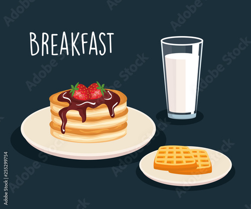 pancakes with starwberries and waffles with milk glass