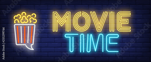 Movie time neon text with popcorn speech bubble