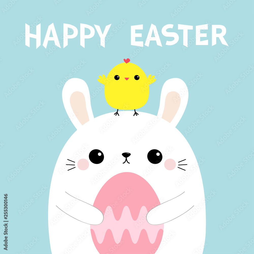 Happy Easter bunny holding pink painting egg. Chicken on head. Rabbit baby chick bird friends forever. Farm animal. Cute cartoon kawaii funny character. Blue pastel background. Flat design Happy Easter bunny holding pink painting egg. Chicken on head. Rabbit baby chick bird friends forever. Farm animal. Cute cartoon kawaii funny character. Blue pastel background. Flat design