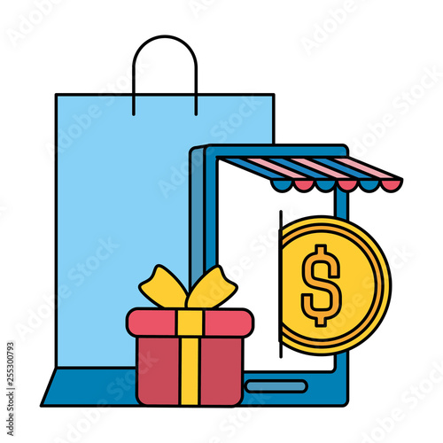 smarphone with shopping bag and gift