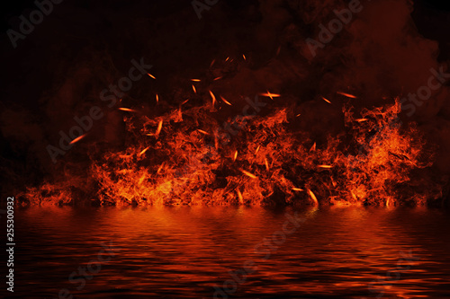 Blaze fire flame texture on isolated background with water reflection.