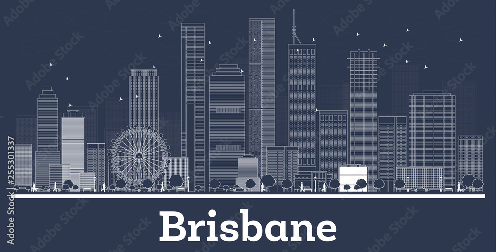Outline Brisbane Australia City Skyline with White Buildings.