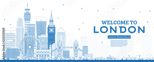 Outline Welcome to London England Skyline with Blue Buildings.
