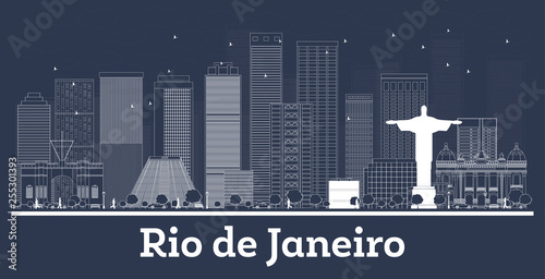 Outline Rio de Janeiro Brazil City Skyline with White Buildings.