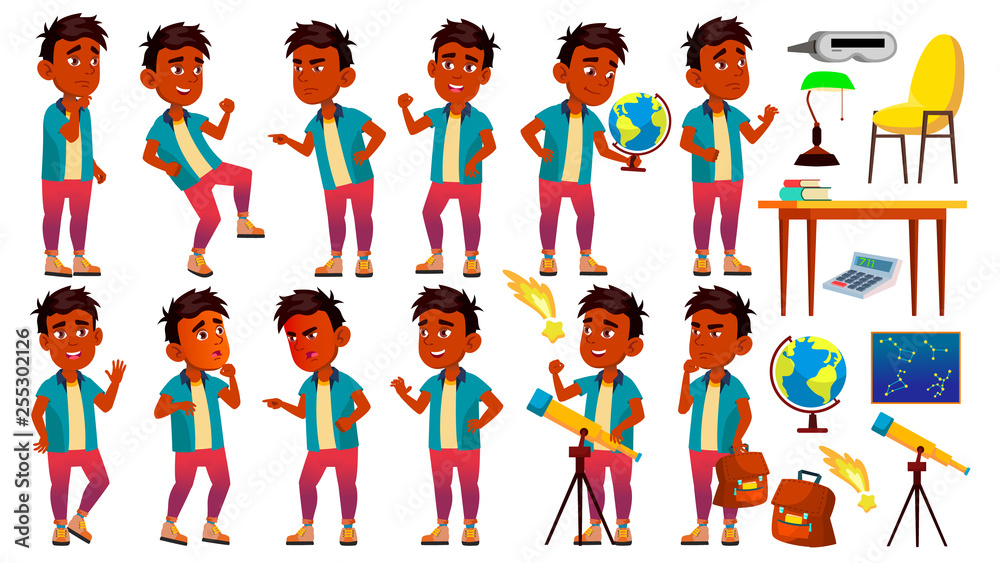 Indian Boy Schoolboy Kid Poses Set Vector. Primary School Child. Young People. Astronomy. Discover Planet. University, Graduate. For Advertising, Placard, Print Design. Isolated Cartoon Illustration