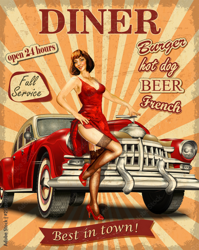 Photographie American Diner vintage poster with retro car and pin-up girl.  - Acheter-le sur Europosters.fr