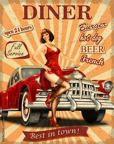Canvas Print American Diner vintage poster with retro car and pin-up girl.