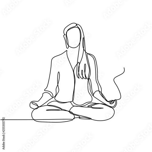 Yoga girl continuous line drawing vector illustration. Meditation concept of a women sit and relaxation.