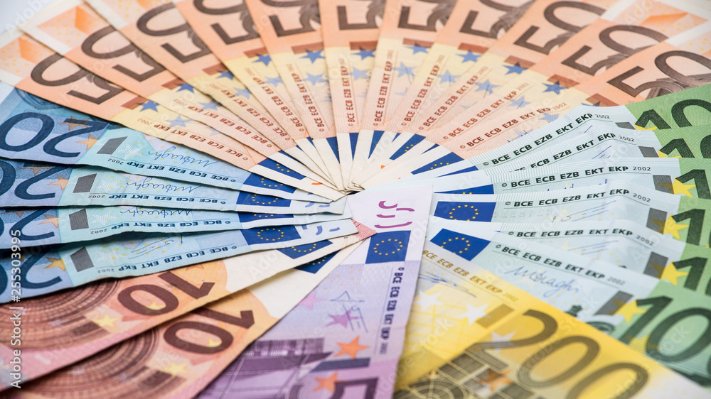 Euros bills of different values. Euro cash money Euros bills of different values. Euro cash money