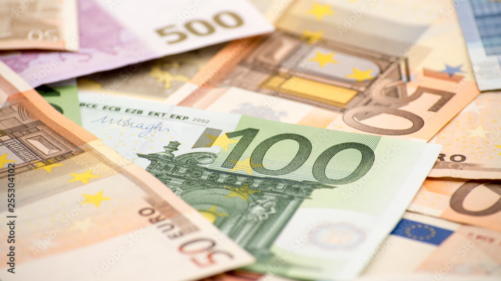 Euros bills of different values. Euro bill of one hundred Euros bills of different values. Euro bill of one hundred