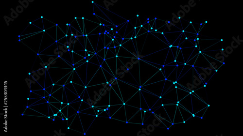 Digital network wireframe lines and vector circles, black background