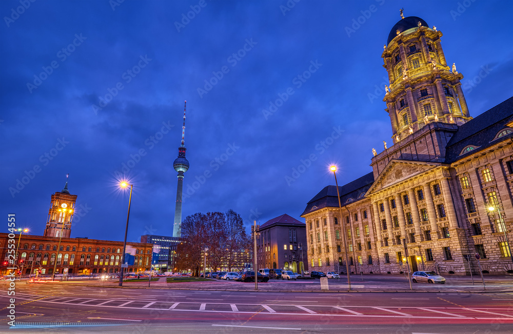 The Molkenmarkt in Berlin with the Altes Stadthaus, the Town Hall and the Television Tower at night