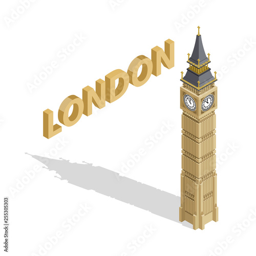 Isometric highly detailed Big Ben tower on white background. Vector illustration.