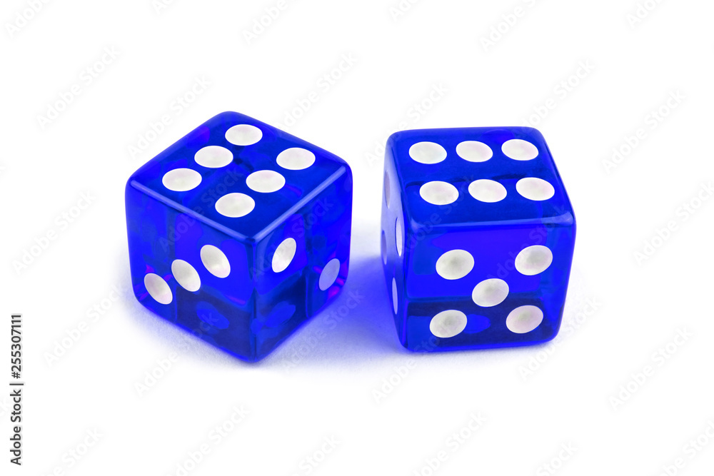 Two blue glass dice isolated on white background. Six and six. Two blue glass dice isolated on white background. Six and six.