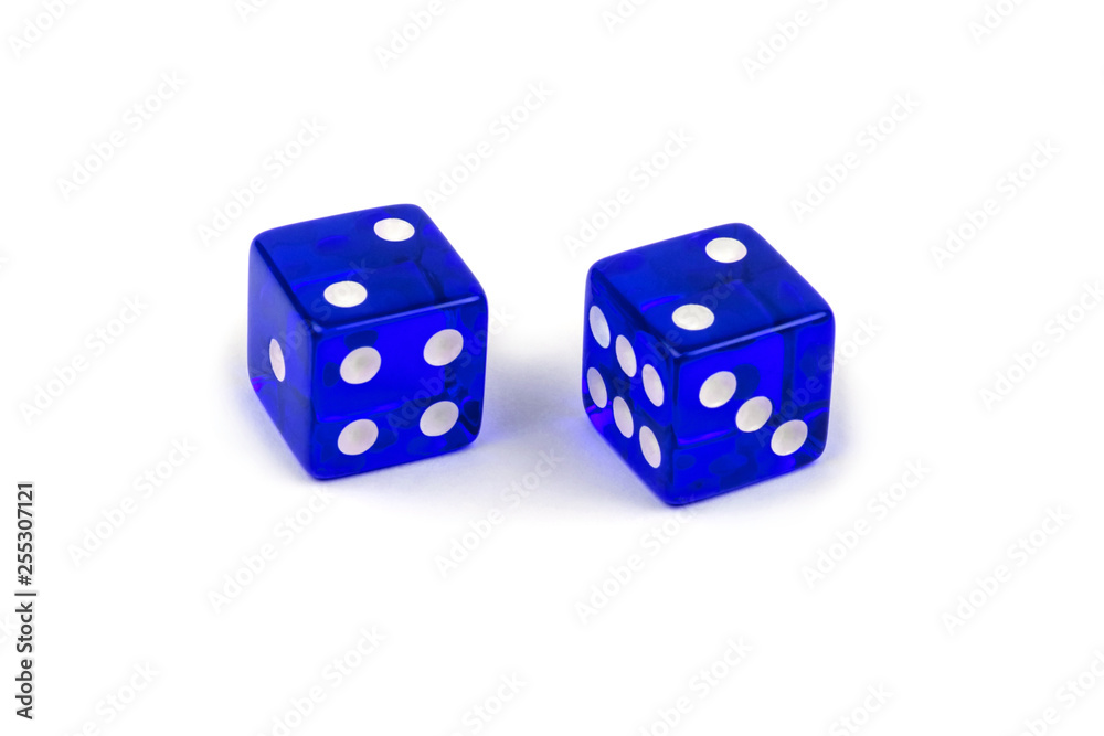 Two blue glass dice isolated on white background. Two and two. Two blue glass dice isolated on white background. Two and two.