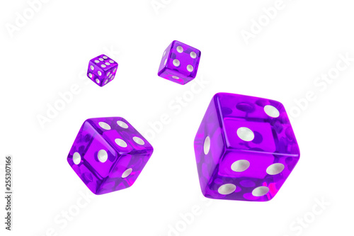 Four purple dice isolated on white. Glass dices fly in the air with a perspective.