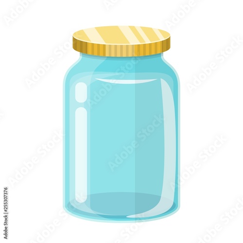 Empty glass transparent jar with gold lid. Vector illustration in flat style