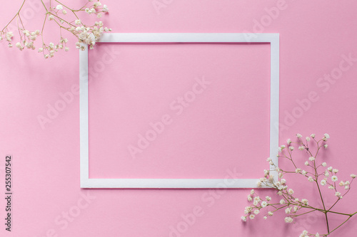 White frame with white flowers on a pink background © Elena