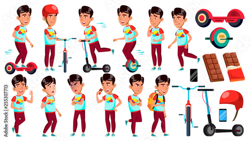 Asian Boy Schoolboy Set Vector. Primary School Child. Cheerful Pupil. Friends. Fun, Activity. Lifestyle Summer. Life, Emotional. For Banner, Flyer, Web Design. Isolated Cartoon Illustration