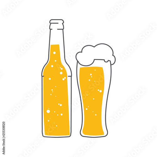 Beer bottle and a glass of foam beer. Vector flat illustration isolated on white background.