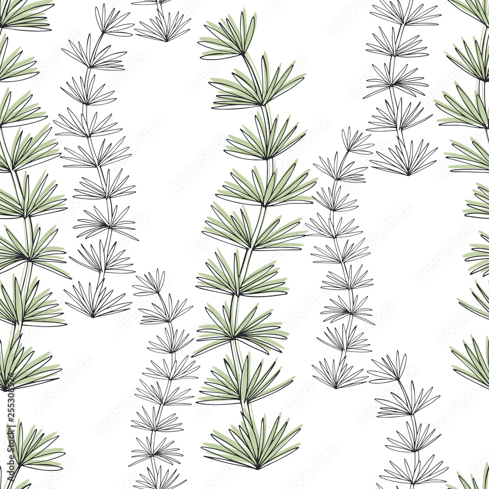 Seaweed. Seamless vector pattern with underwater plants on a white background. Abstract floral background.
