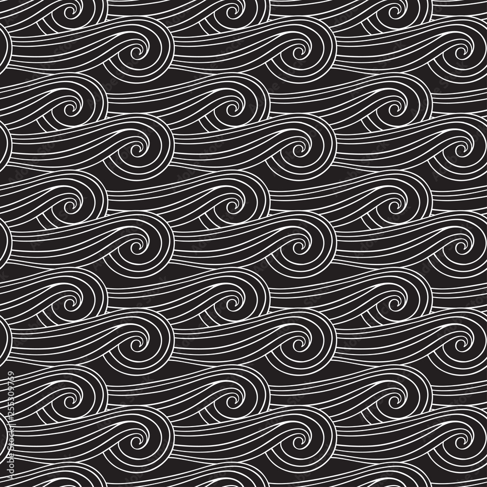 Waves background. Abstract seamless pattern on black background. Black and white vector illustration.