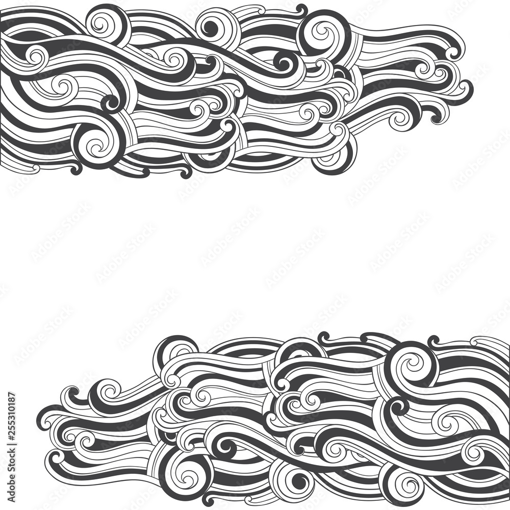 Fototapeta premium Marine frame. Vector background with hand-drawn waves on white. Illustration with space for text, can be used creating card or invitation card.