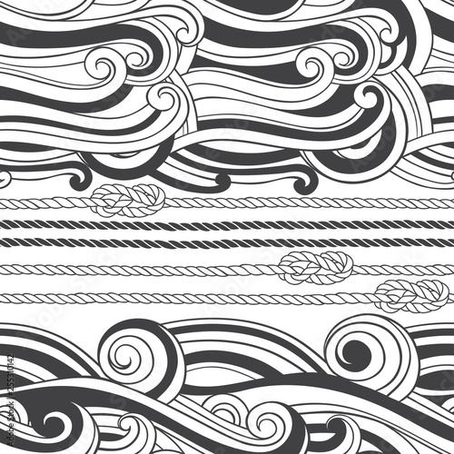 Waves background with marine ropes and knots. Abstract seamless pattern. Black and white vector illustration.