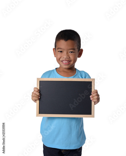 Asian Country boy with blank black chalkboard for education conceptual isolated on white background