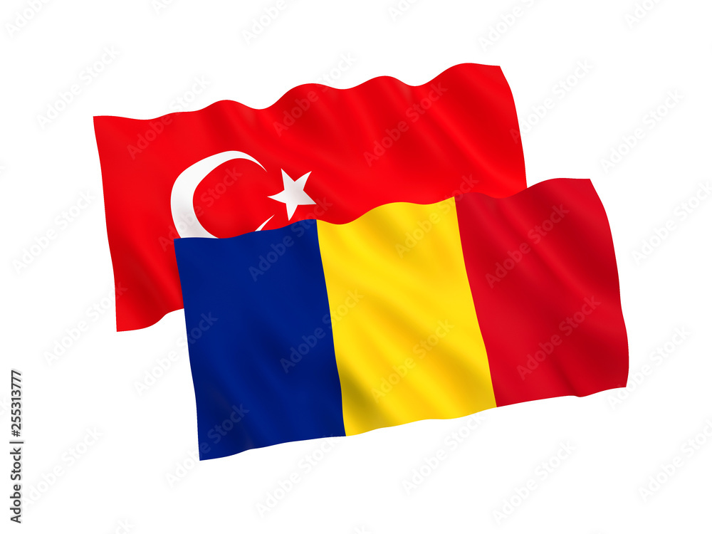 Flags of Turkey and Romania on a white background