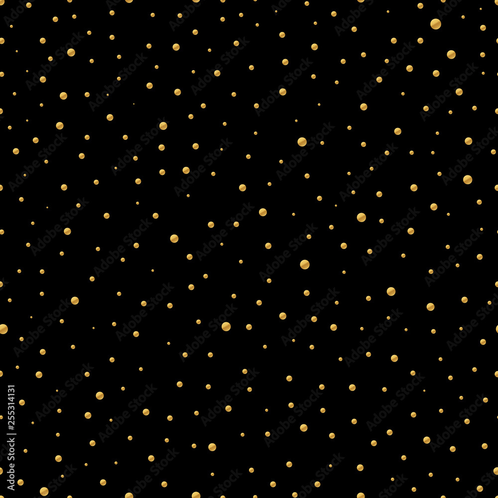 Seamless pattern with gold circle confetti isolated on black background.